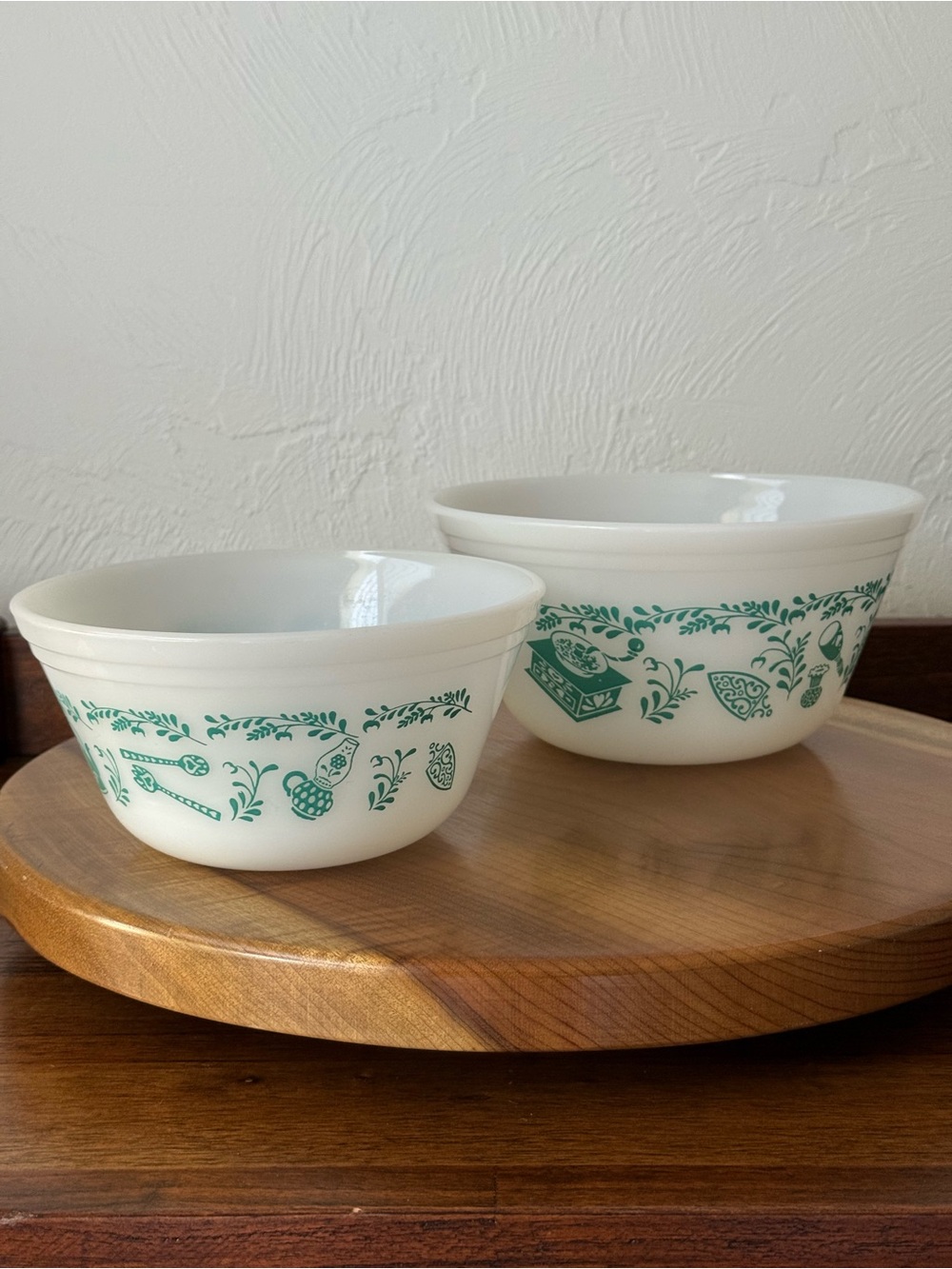 Vintage Fire-King Milk Glass Mixing Bowls Green Kitchen Aids Set of 2